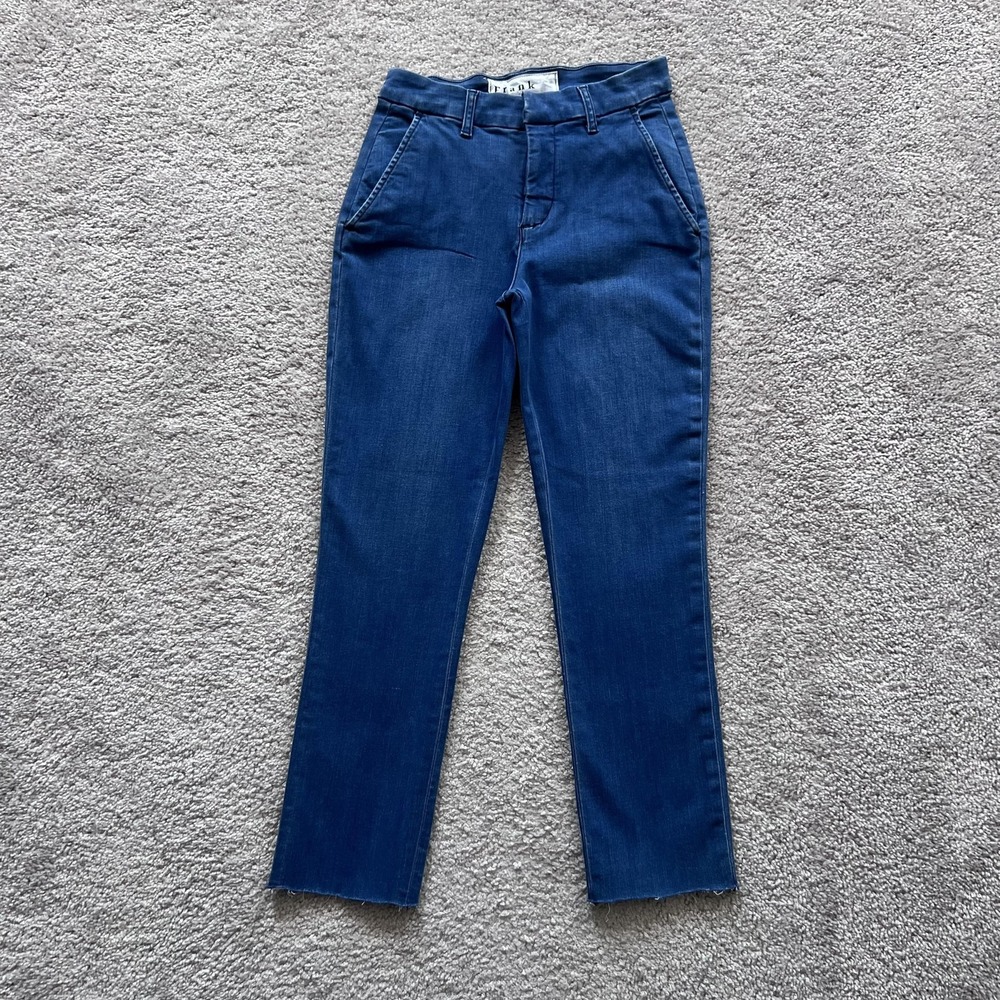 Frank & Eileen Wicklow Denim Chino Pants Womens 0‎ Blue Stretch Raw Hem Made USA